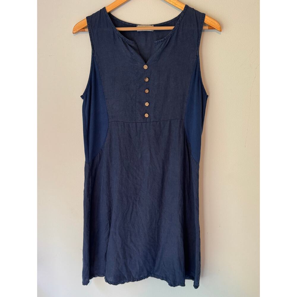 Terzo Millennio Blue Sleeveless Linen Dress, Size M, Button accents - Picture 2 of 8